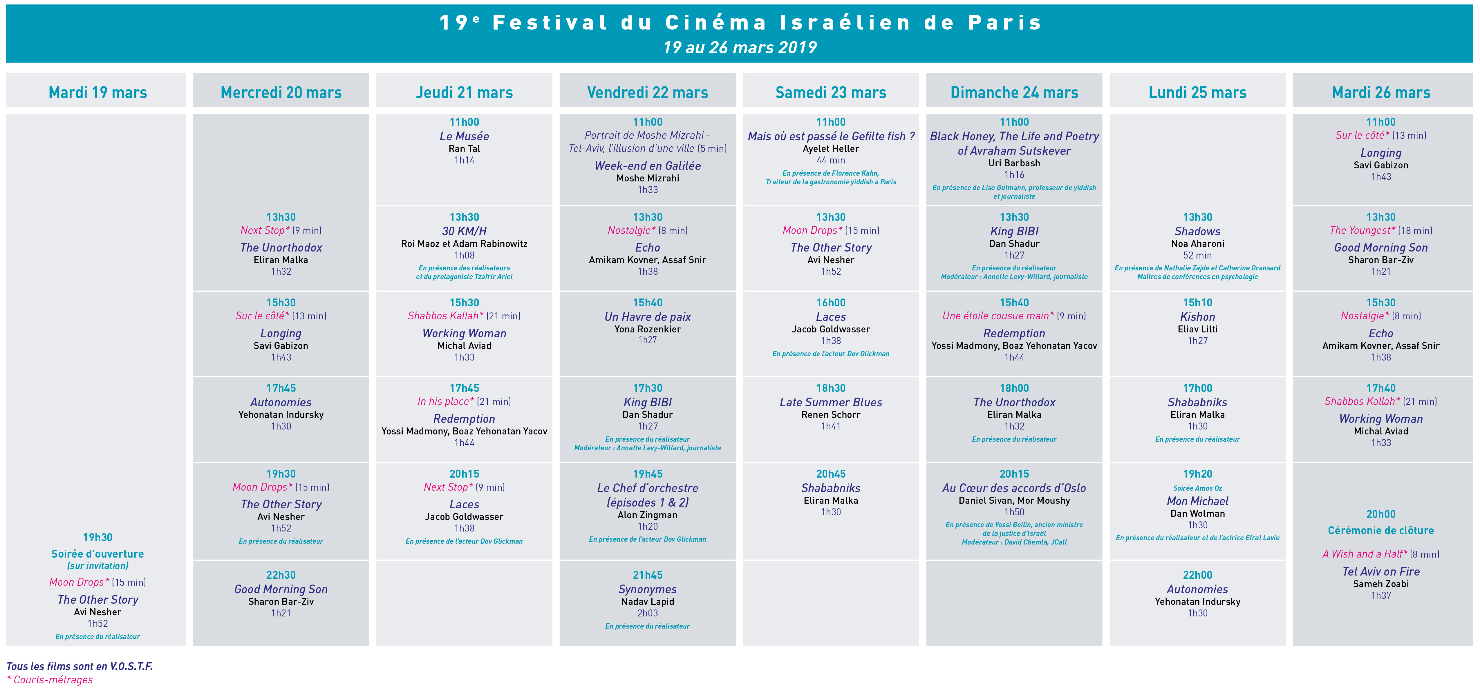 La grille horaire du festival du cinema israélien 2019
