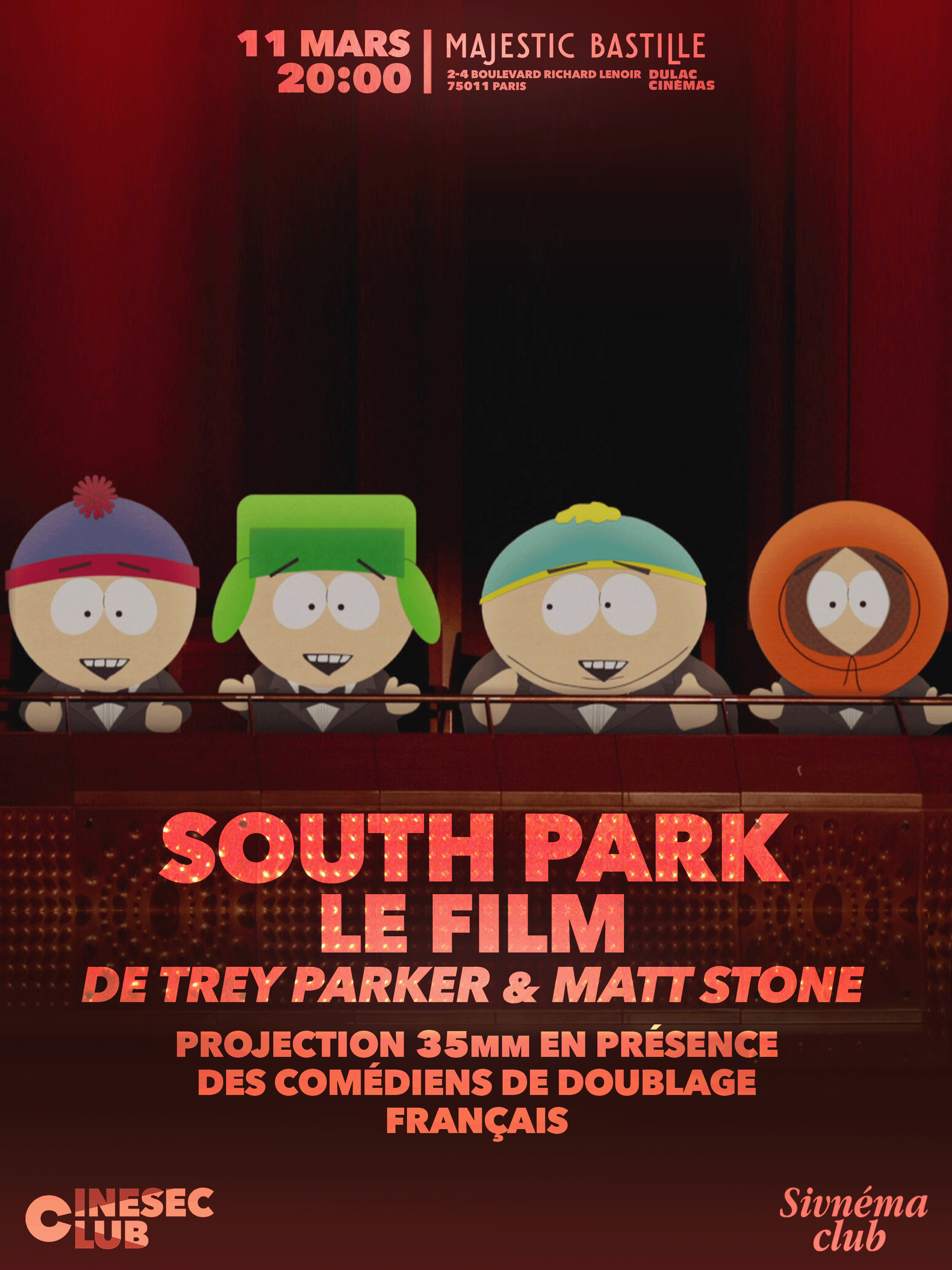 Le Ciné-club de l'ESEC : SOUTH PARK le film de Trey Parker en présence des doubleurs William Coryn et Gilbert Levy | séance exceptionnelle en 35mm