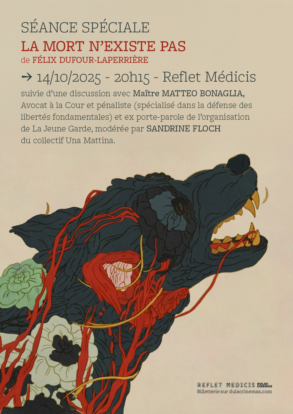 Affiche de la séance spéciale de La Mort n'existe pas, Loup, Fleurs