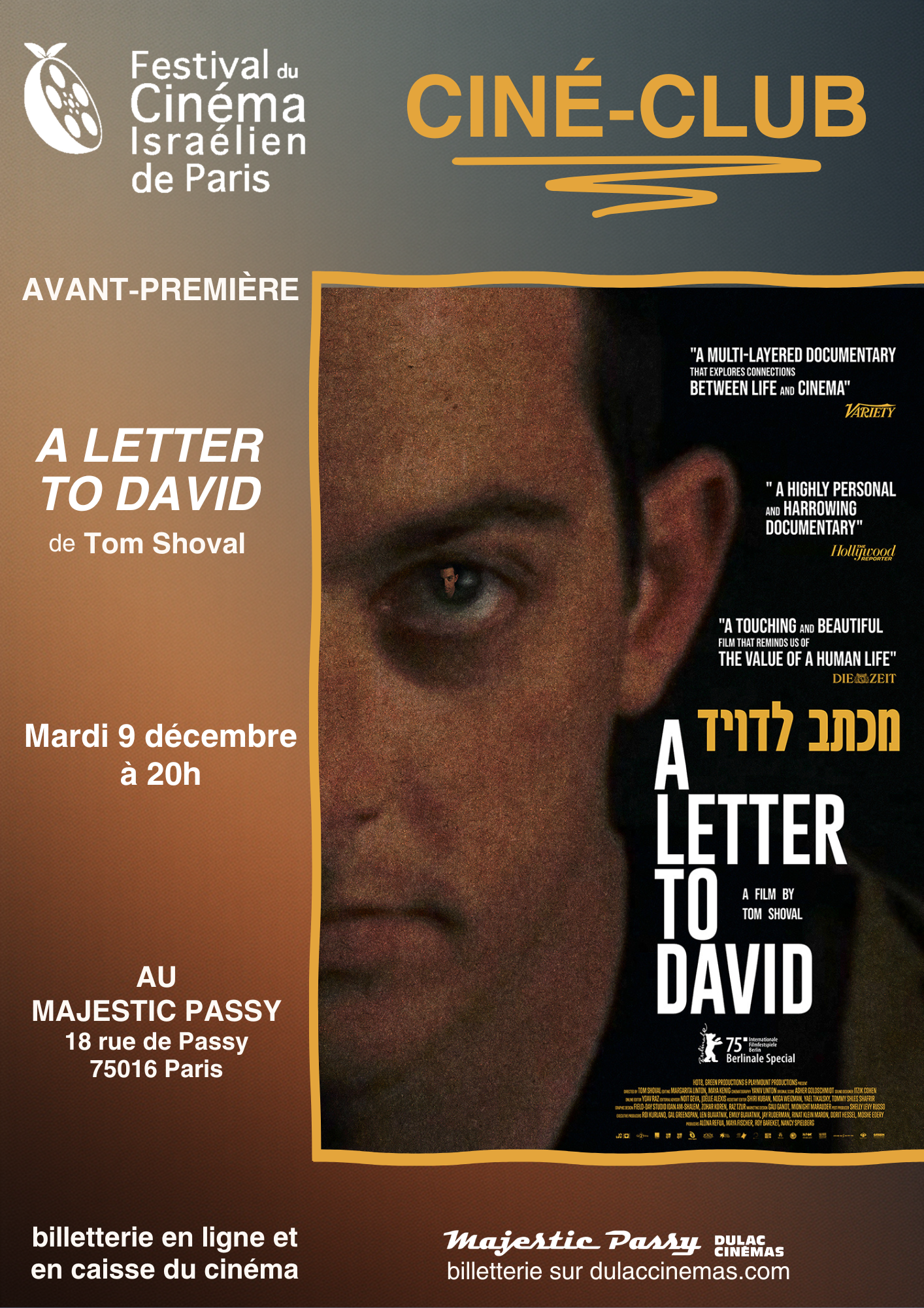 Avant-première : A LETTER TO DAVID de Tom Shoval | CINÉ-CLUB DU FESTIVAL DU CINÉMA ISRAÉLIEN
