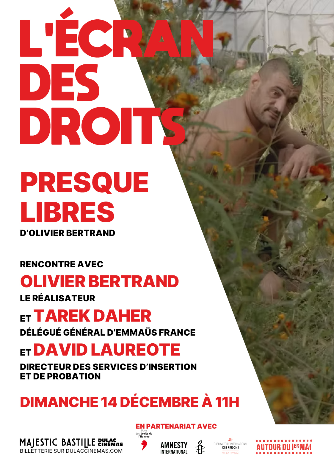 L'ÉCRAN DES DROITS : PRESQUE LIBRES d'Olivier Bertrand, suivi d'une discussion avec le réalisateur, Tarek Daher, délégué général d’Emmaüs France, et David Laureote, directeur des Services d’insertion et de probation