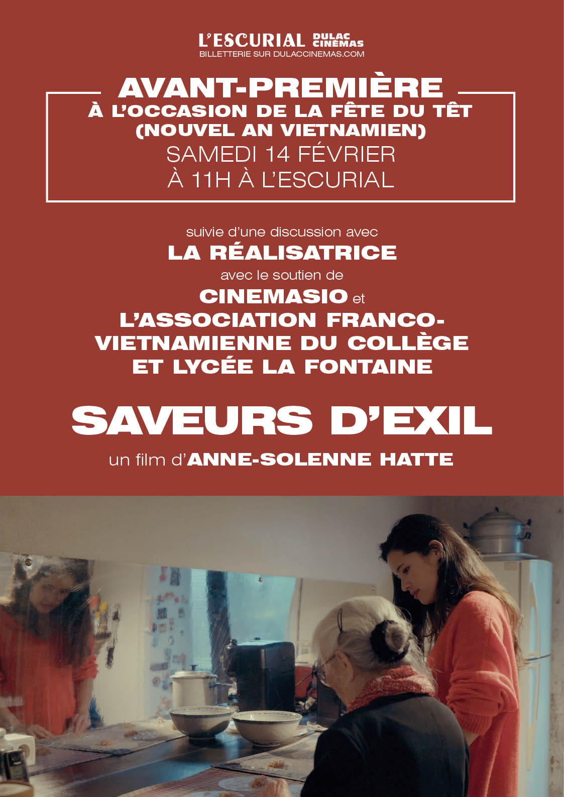 AVANT-PREMIÈRE - À l'occasion de la fête du Têt (Nouvel An Vietnamien) : SAVEURS D'EXIL de Anne-Solenne Hatte, suivie d'une discussion avec la réalisatrice, avec le soutien de Cinemasio et L'Association Franco Vietnamienne du collège et Lycée La Fontaine