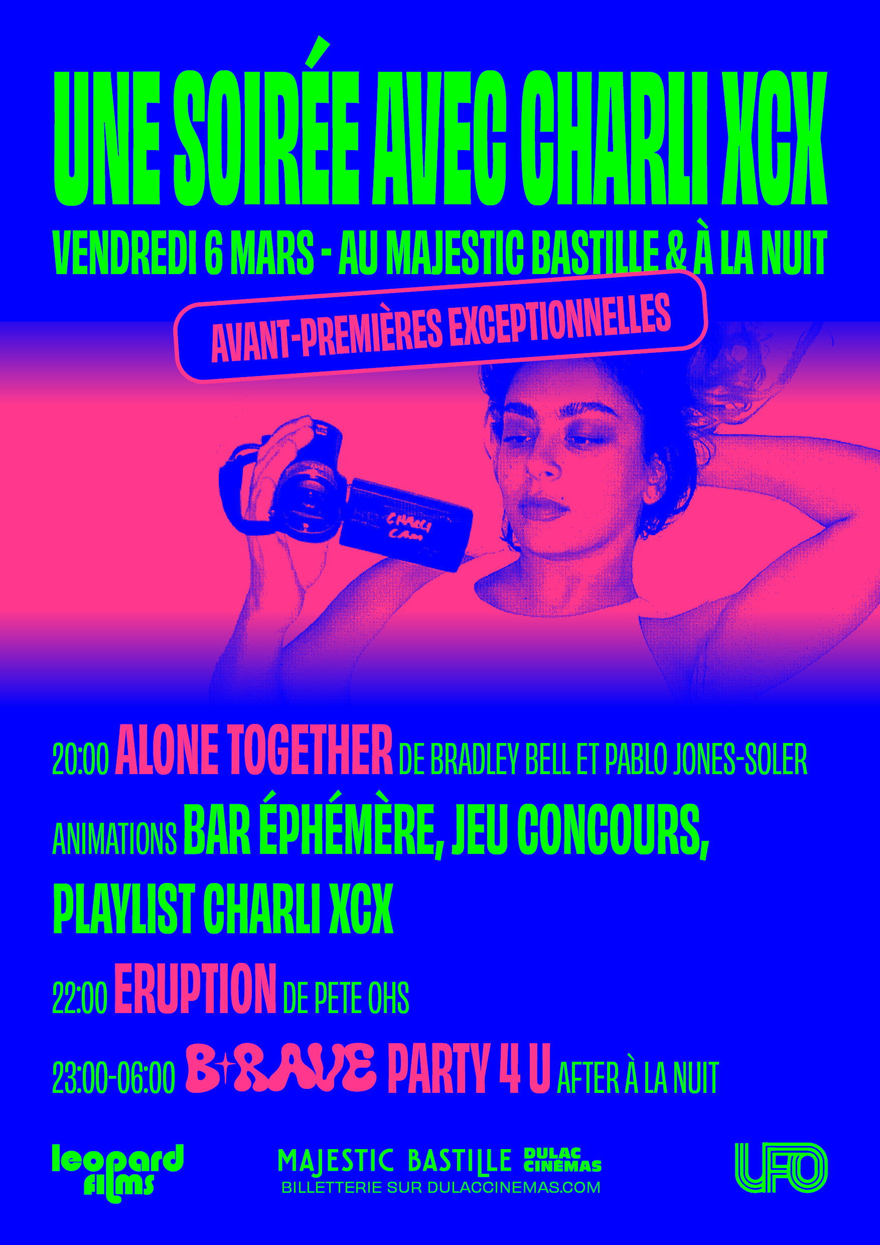 UNE SOIRÉE AVEC CHARLI XCX (AVANT-PREMIÈRES EXCEPTIONNLLES): Projection en avant-première d'ALONE TOGETHER + entracte (bar, playlist et jeu concours) + Projection d'ERUPTION + After à la Nuit pour une B-Rave Party