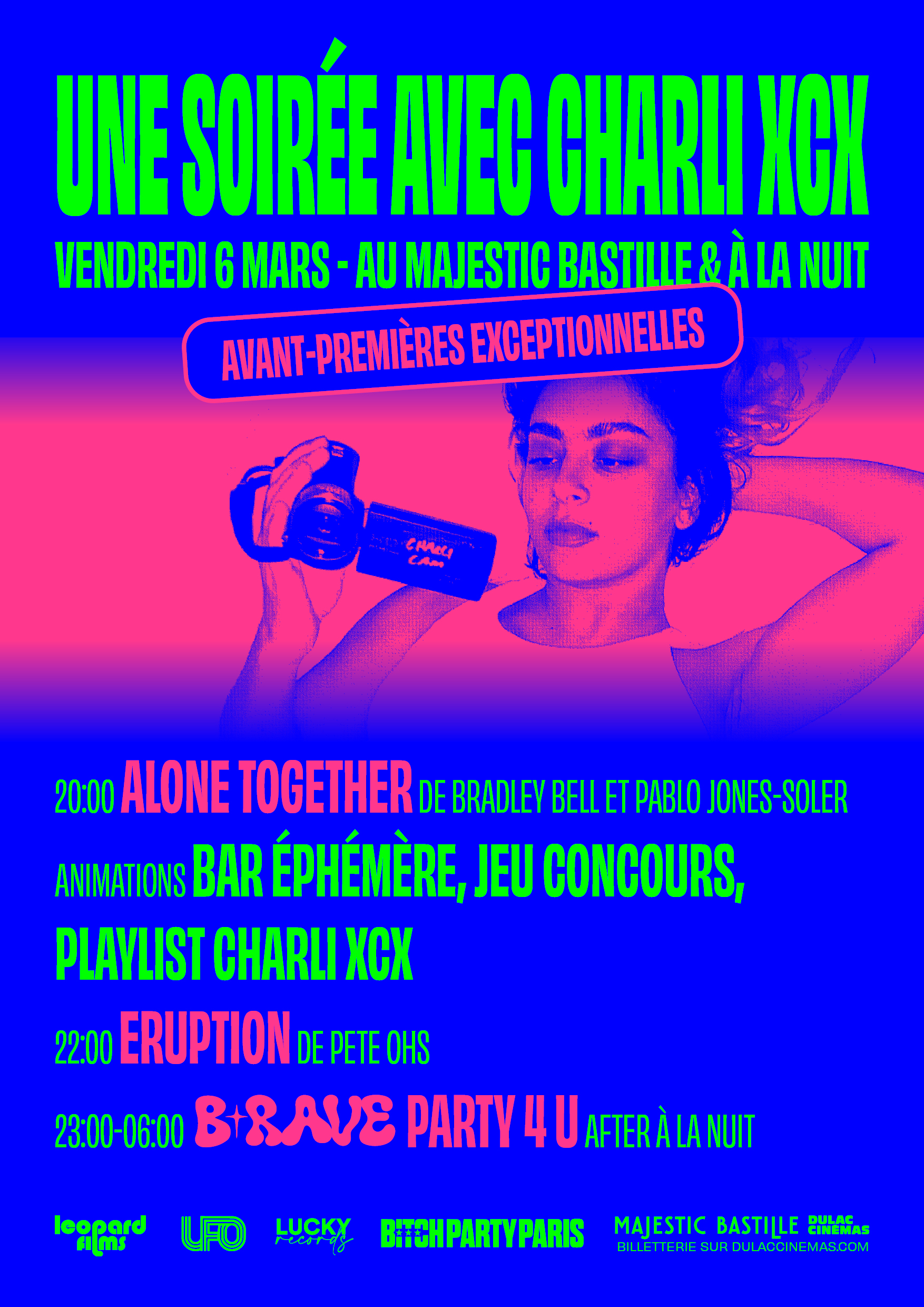 UNE SOIRÉE AVEC CHARLI XCX (AVANT-PREMIÈRES EXCEPTIONNLLES): Projection en avant-première d'ALONE TOGETHER + entracte (bar, playlist et jeu concours) + Projection d'ERUPTION + After à la Nuit pour une B-Rave Party