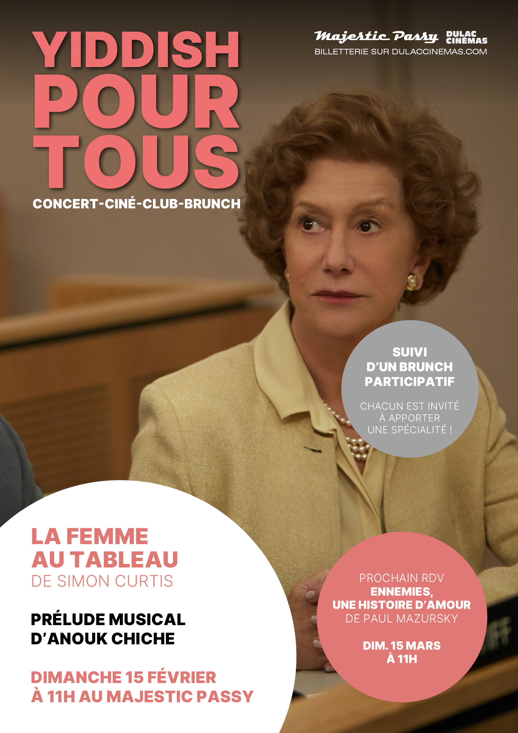 YIDDISH POUR TOUS : LA FEMME AU TABLEAU de Simon Curtis, prélude musical d'Anouk Chiche, suivi d'un brunch participatif